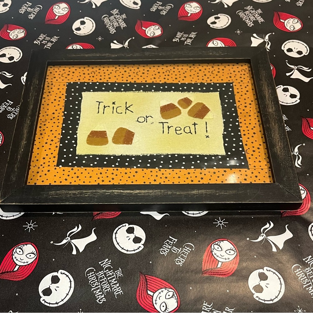 Halloween Trick or Treat Hand embroidered on quilting background framed picture.